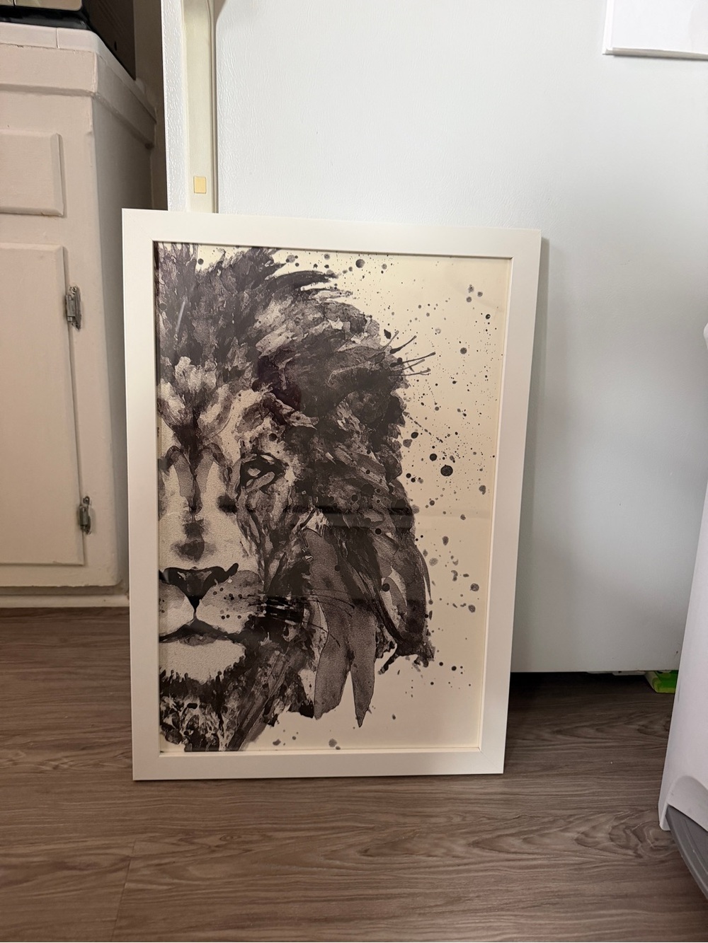 Monochrome Lion Art Print in White Frame - Contemporary Wall Art